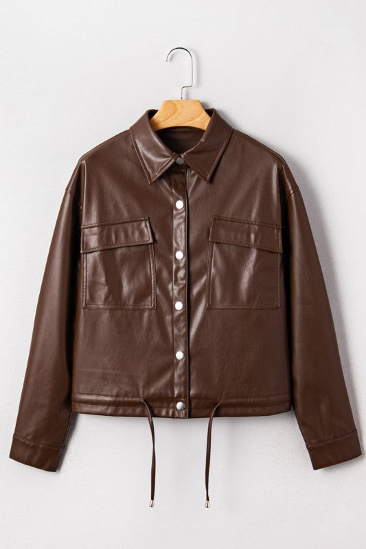 Leather Drawstring Hem Pocketed Jacket