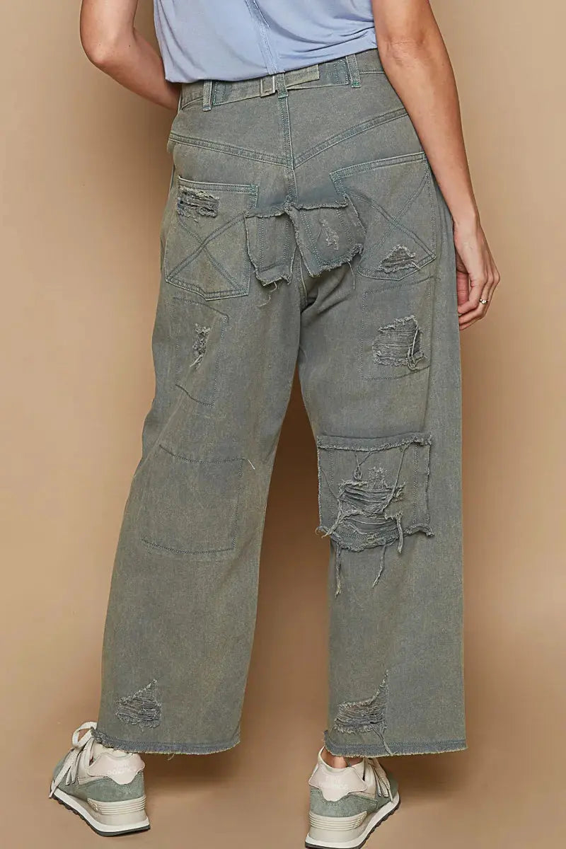 POL Distressed Raw Hem Wide Leg Pants