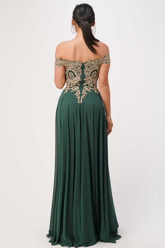 La Scala Off Shoulder Chiffon Gown with Lace Appliques