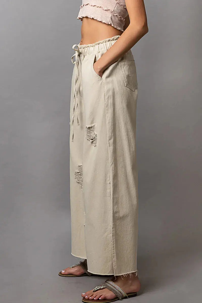 POL Distressed Drawstring Slit Wide leg Pants