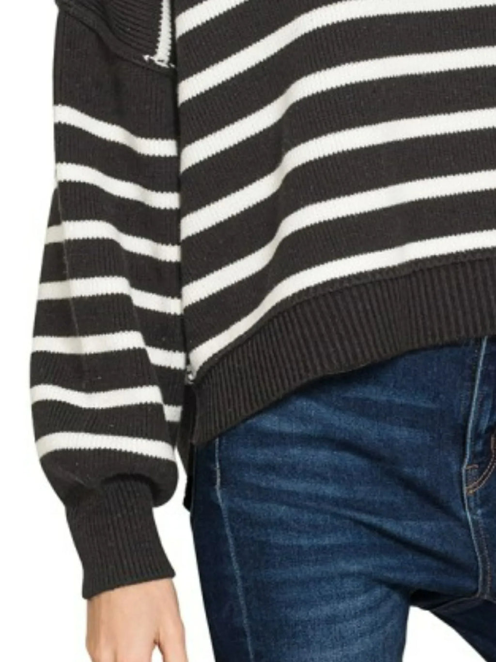 Zenana Exposed Seam Striped Oversized Sweater in Black
