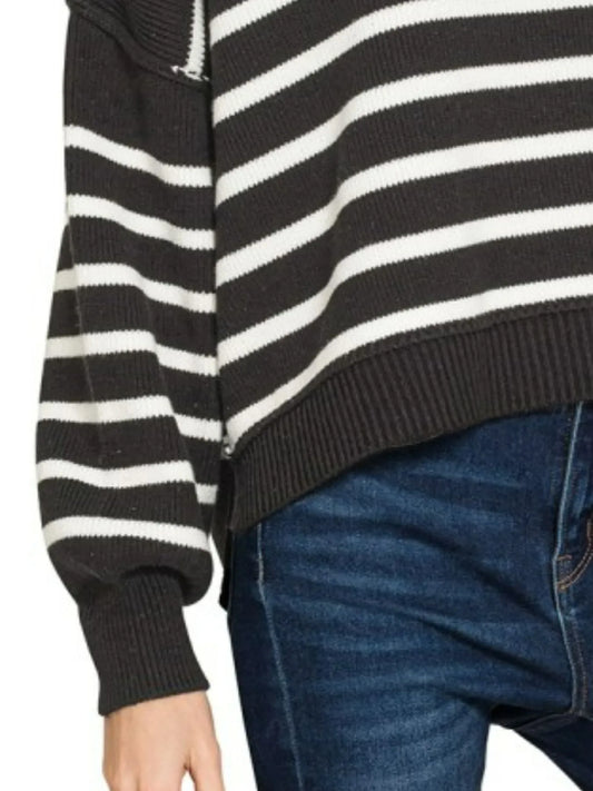 Zenana Exposed Seam Striped Oversized Sweater in Black