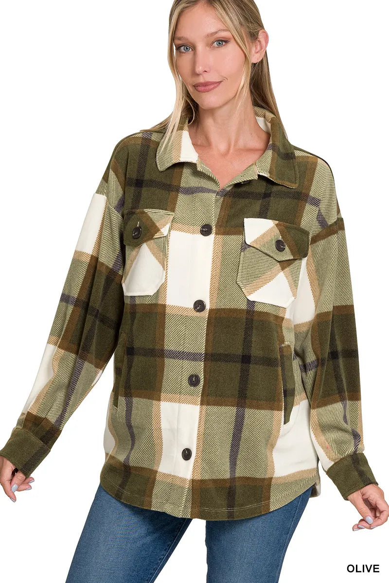 Zenana Oversized Plaid Fleece Shacket in Olive