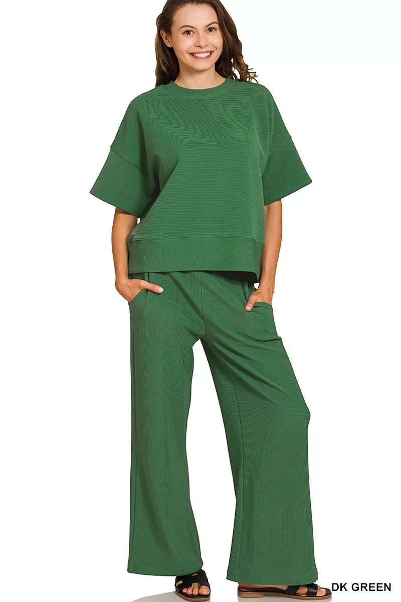 Zenana Ribbed Round Neck Tee & Pants Set in Green