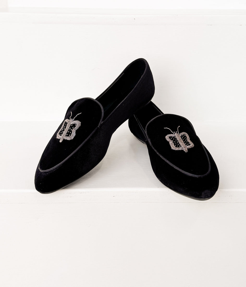 Butterfly Velvet Flats in Black