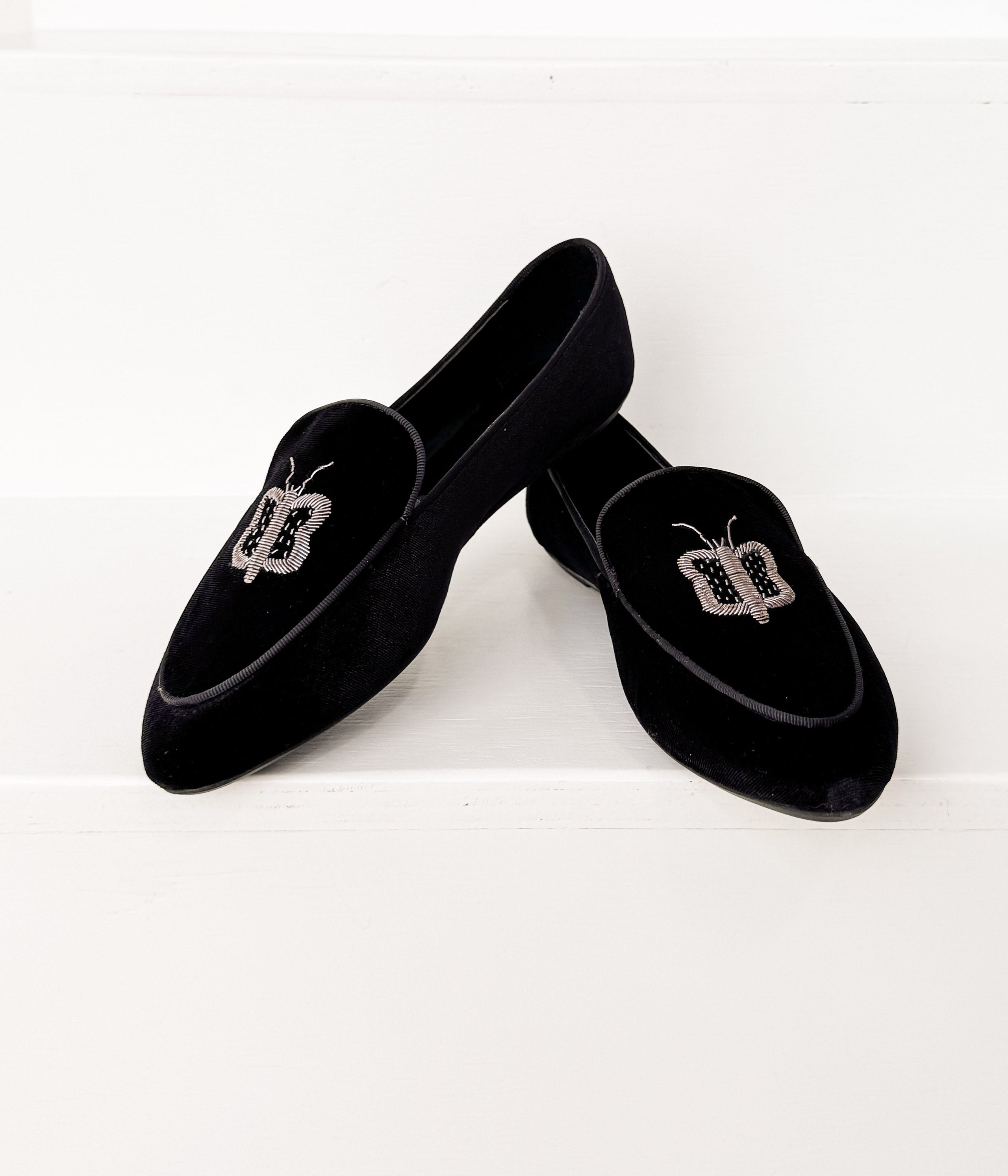 Butterfly Velvet Flats in Black
