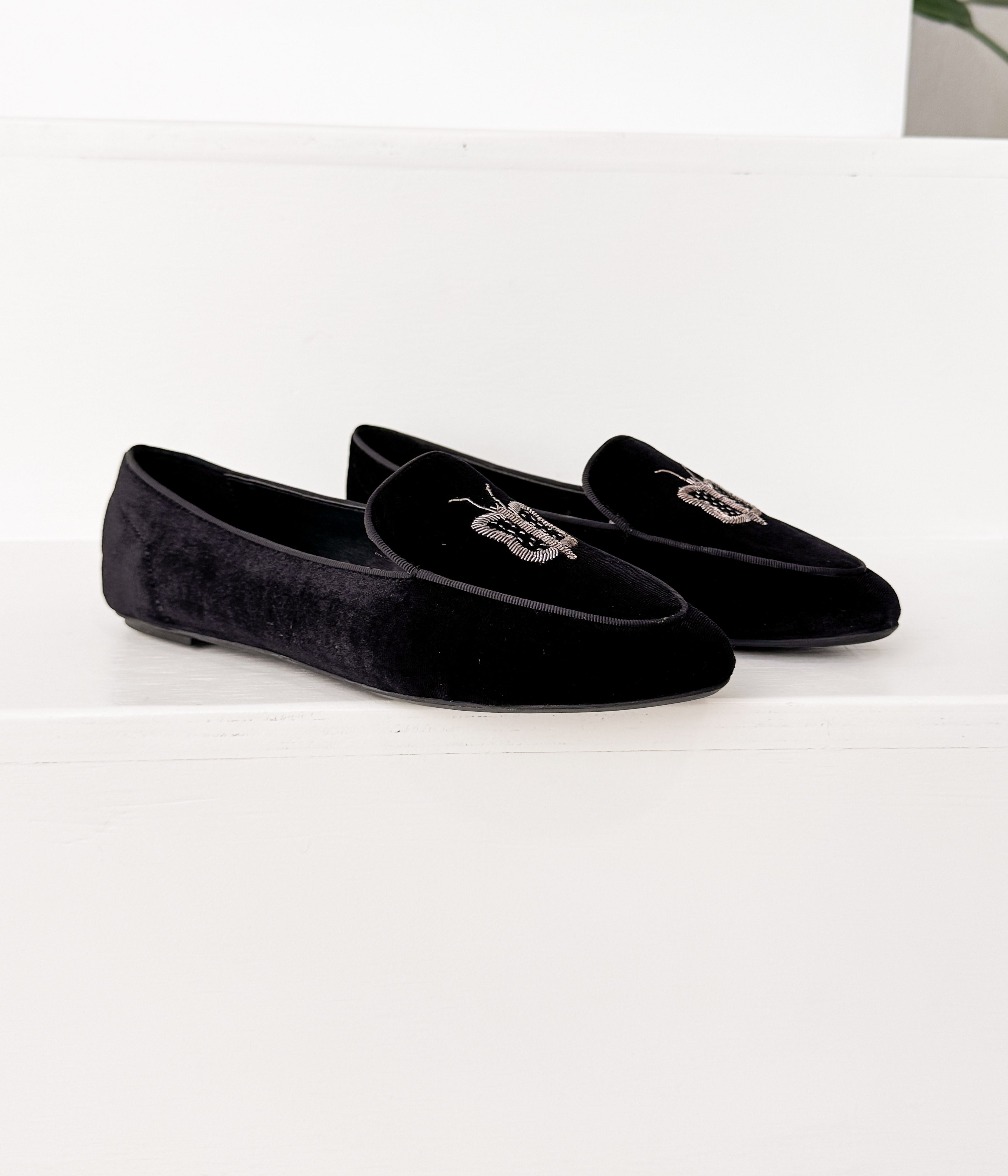 Butterfly Velvet Flats in Black