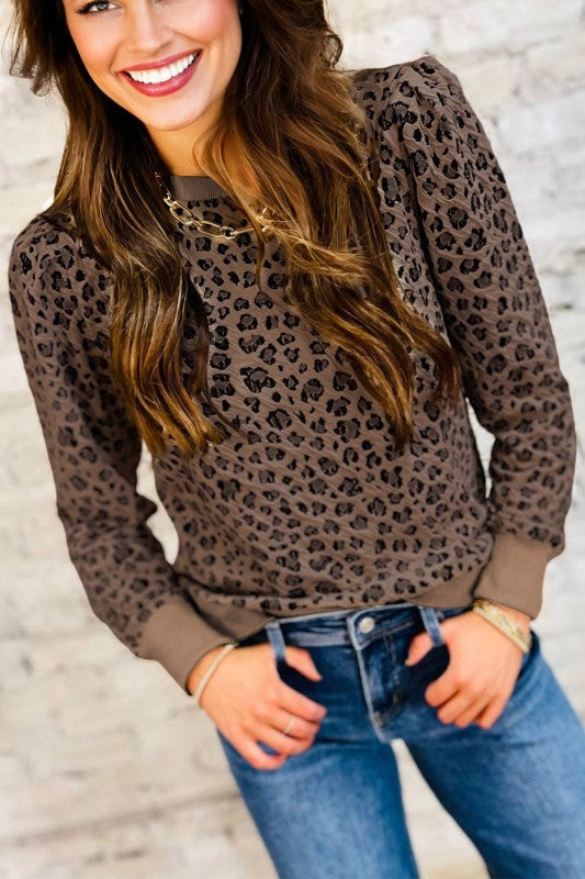 Leopard Ribbed Trim Long Sleeve Top