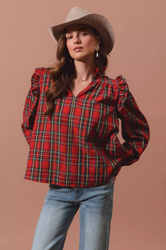 SO ME Christmas Checkered Plaid Smocked Blouse