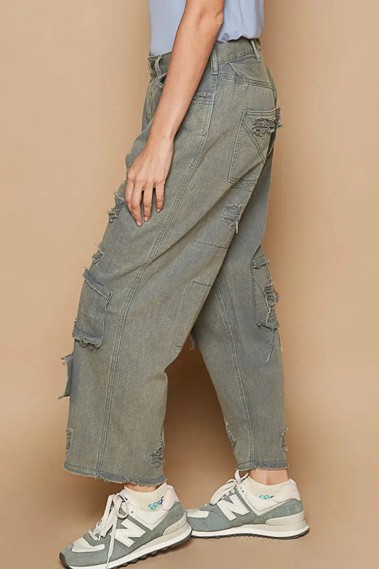 POL Distressed Raw Hem Wide Leg Pants