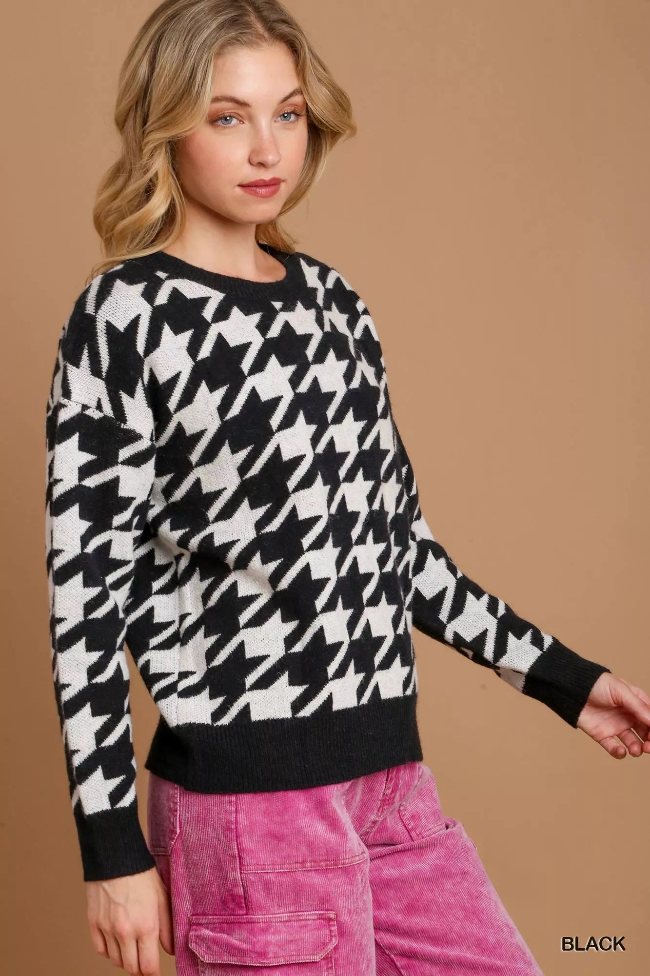 Umgee Houndstooth Round Neck Sweater