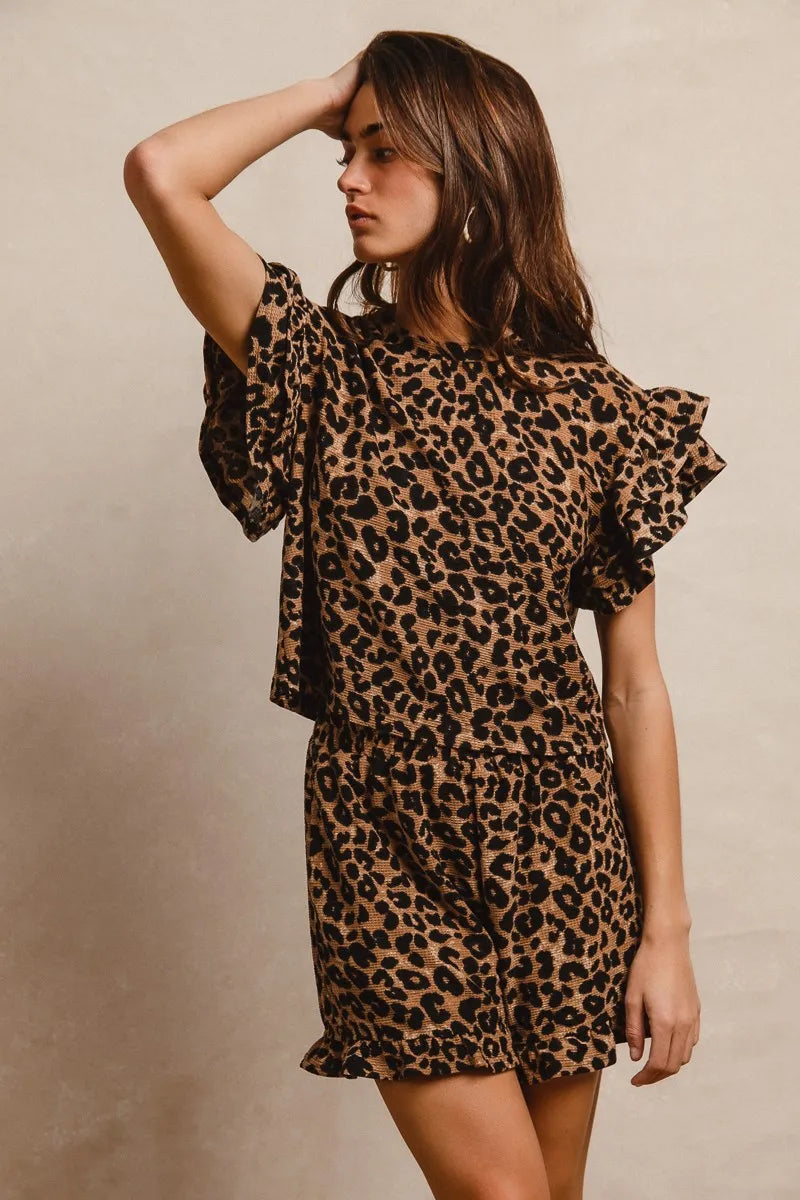 BiBi Leopard Print Waffle Texture Layered Ruffle Sleeve Top and Shorts Set