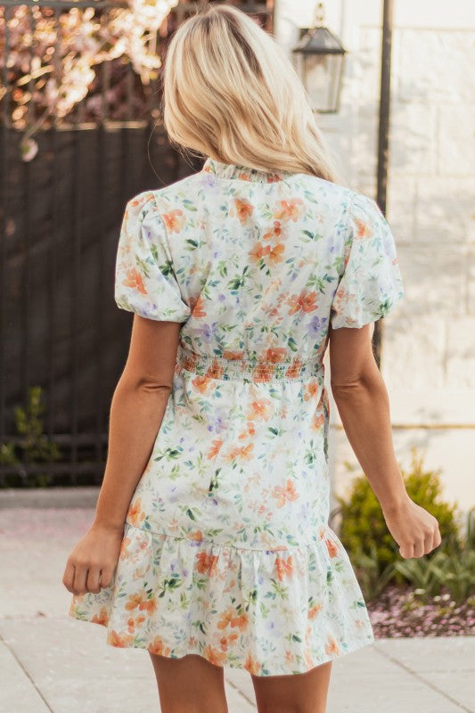 Katharine Floral Shirred High Waist Puff Sleeve Mi