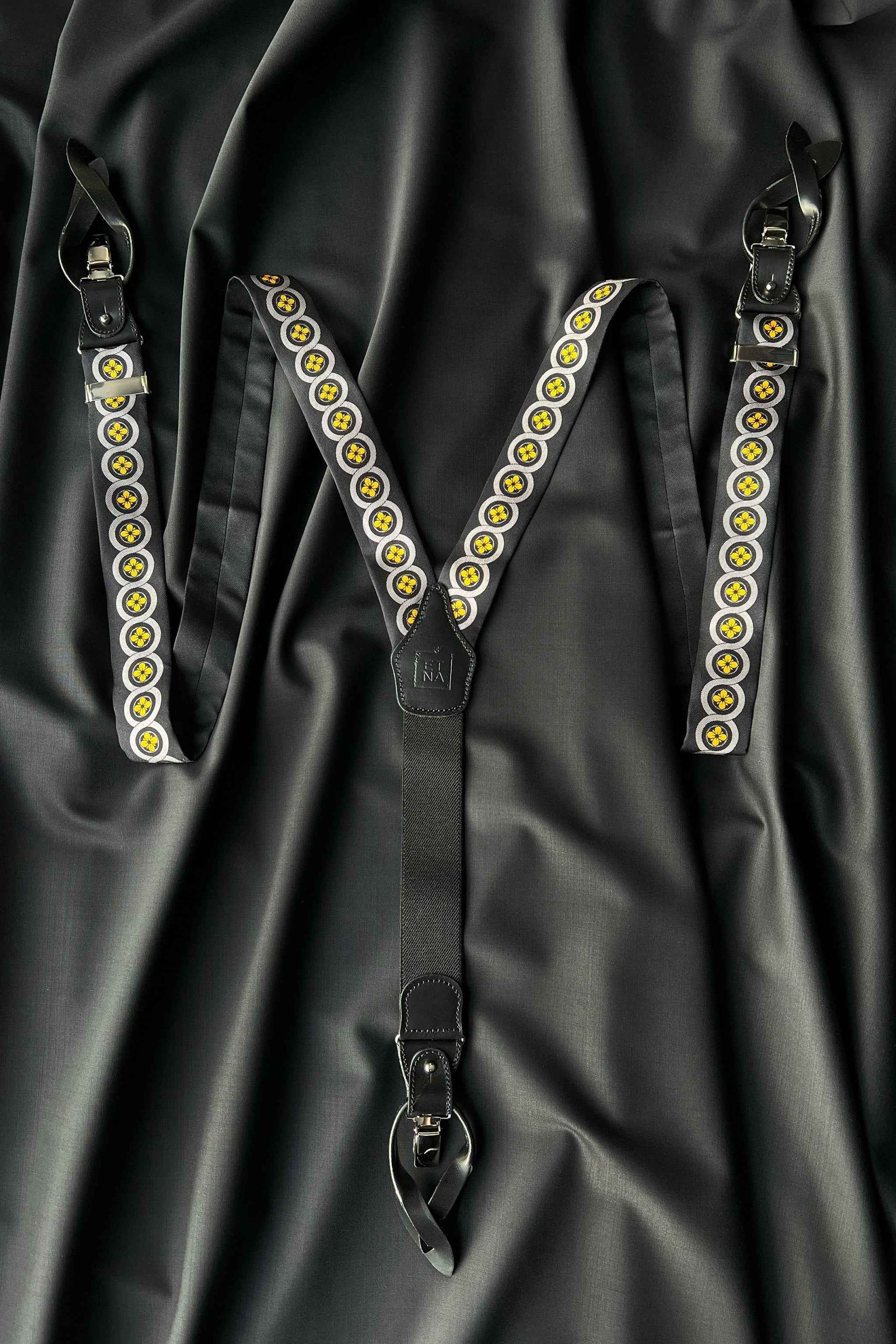 Sicily Lemon Yellow Floral Patterned Silk Suspenders