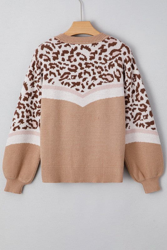 Leopard Colorblock Puff Sleeve Sweater