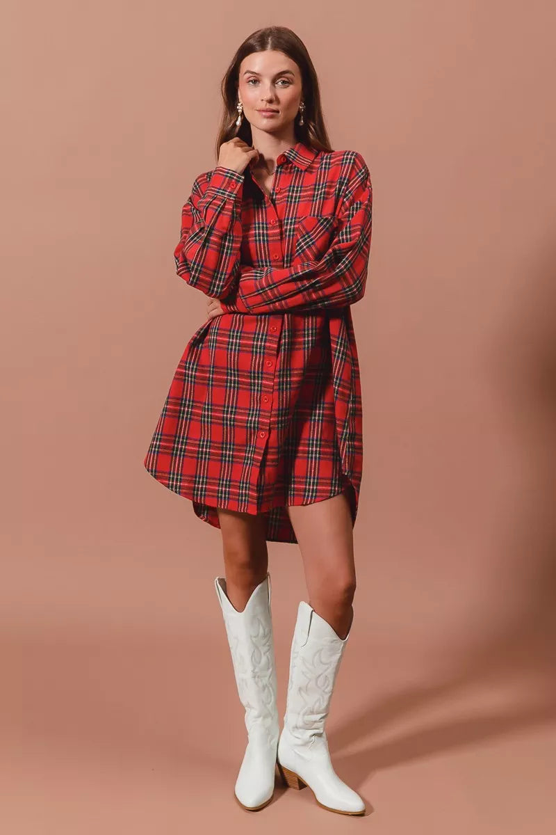 SO ME Christmas Checker Plaid Button Up Shirt Dress