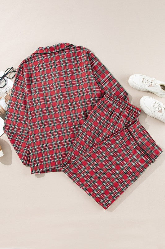 Plus Size Christmas Plaid Shirt and Pants Set
