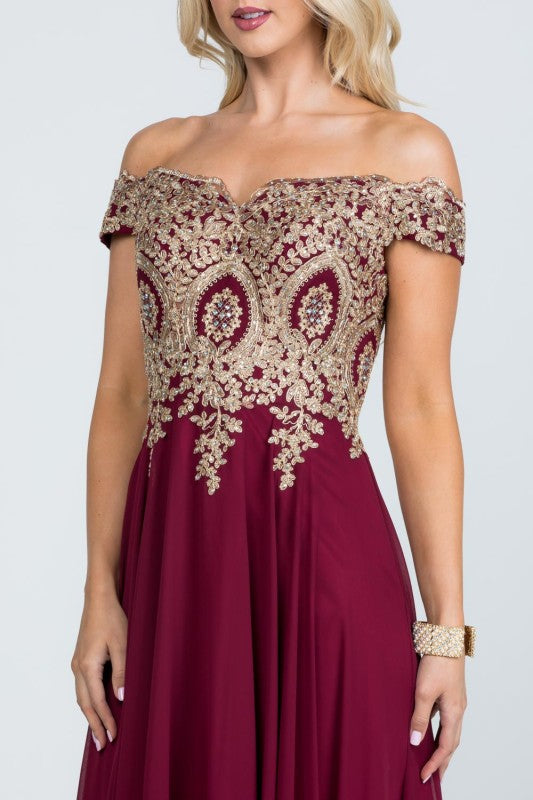 La Scala Off Shoulder Chiffon Gown with Lace Appliques