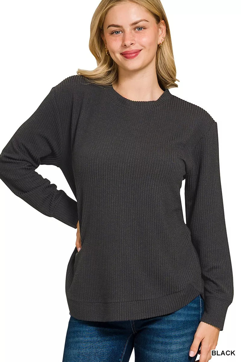 Zenana Full Size Raised Rib Round Neck Long Sleeve Top Plus Size in Black