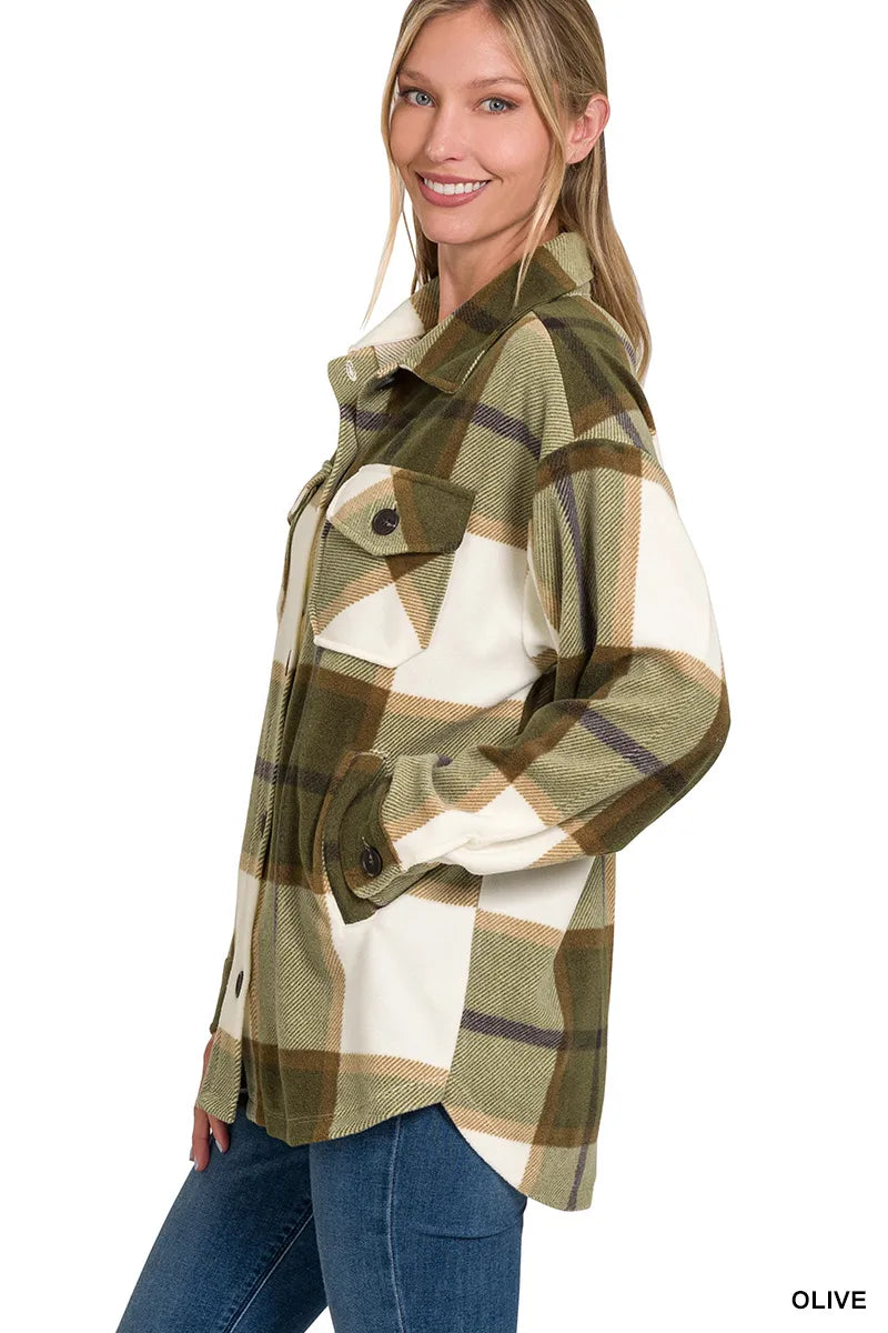 Zenana Oversized Plaid Fleece Shacket in Olive