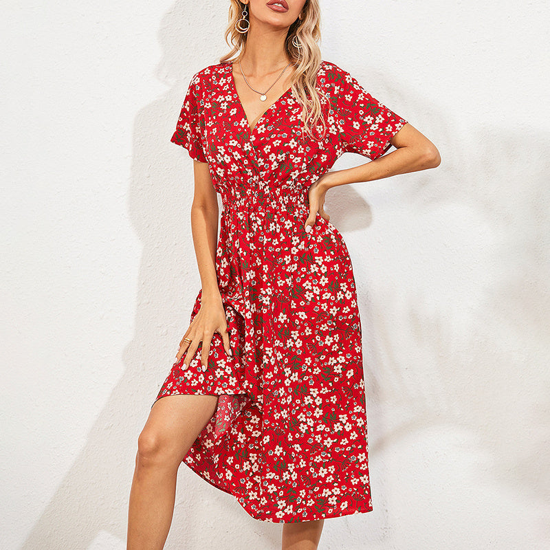 Women's V-Neck Floral Print Dress - A-Line Waisted Summer Maxi Dress