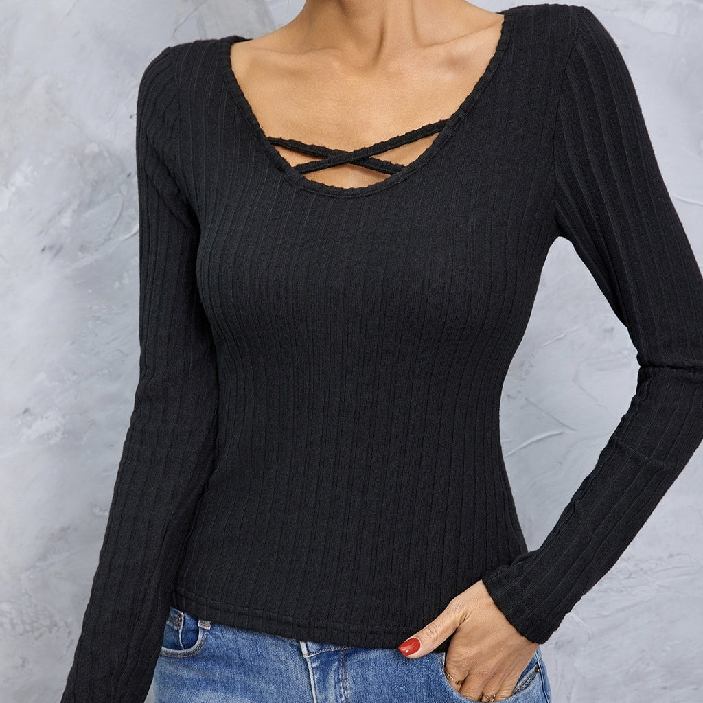 Cross‑collar long sleeve slim tee