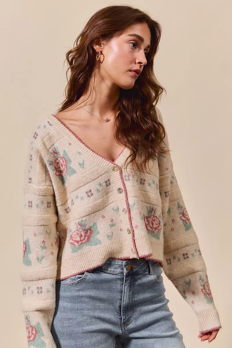 SO ME Floral Pattern Long Sleeve Button Sweater Cardigan in Beige