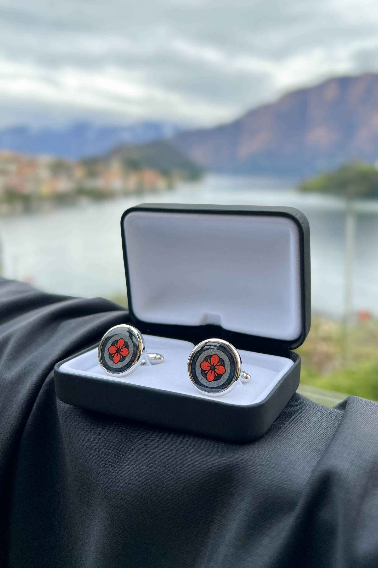 Lava Orange Floral Print Handmade Italian Cufflinks with Clear Resin