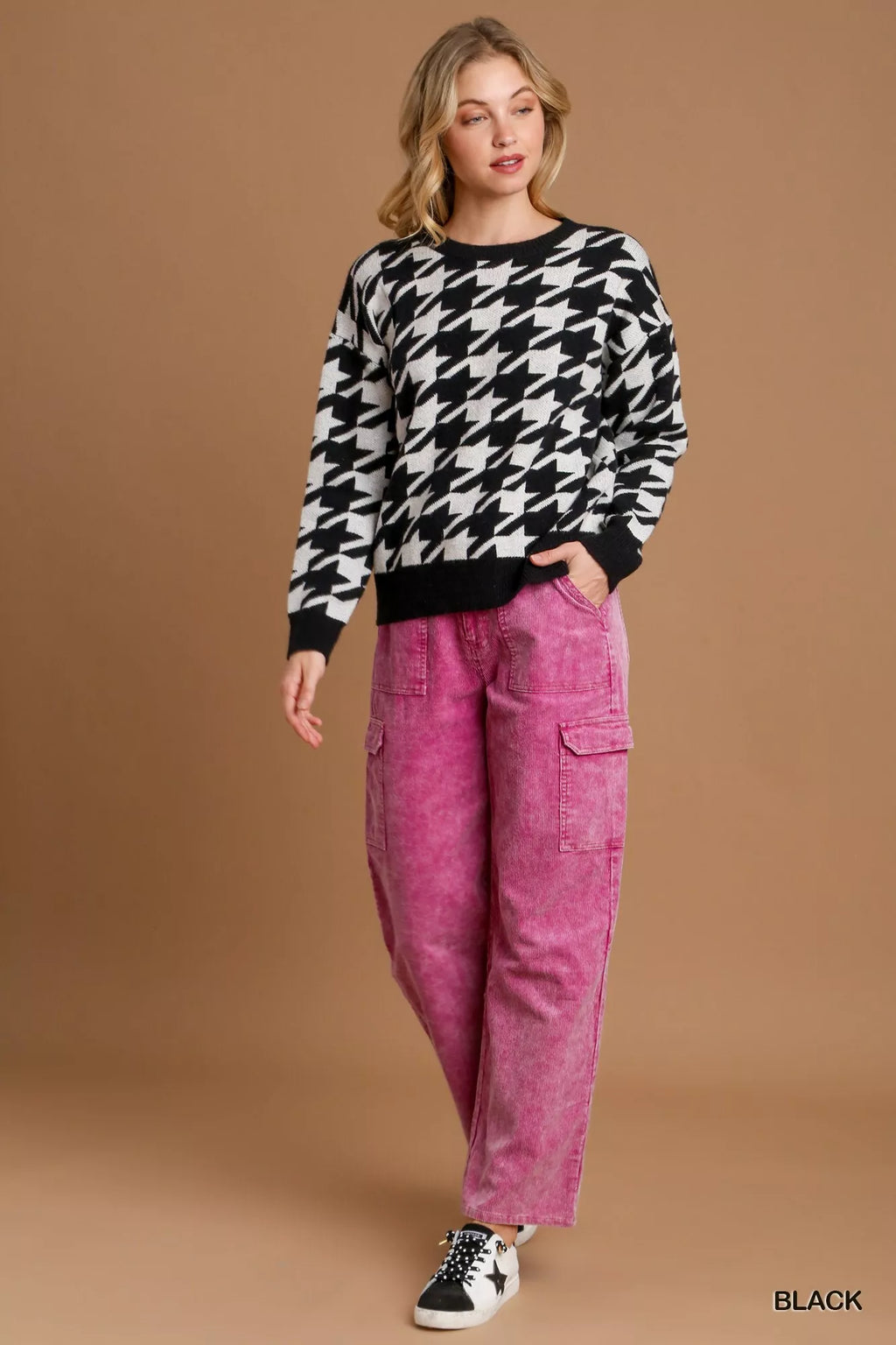 Umgee Houndstooth Round Neck Sweater