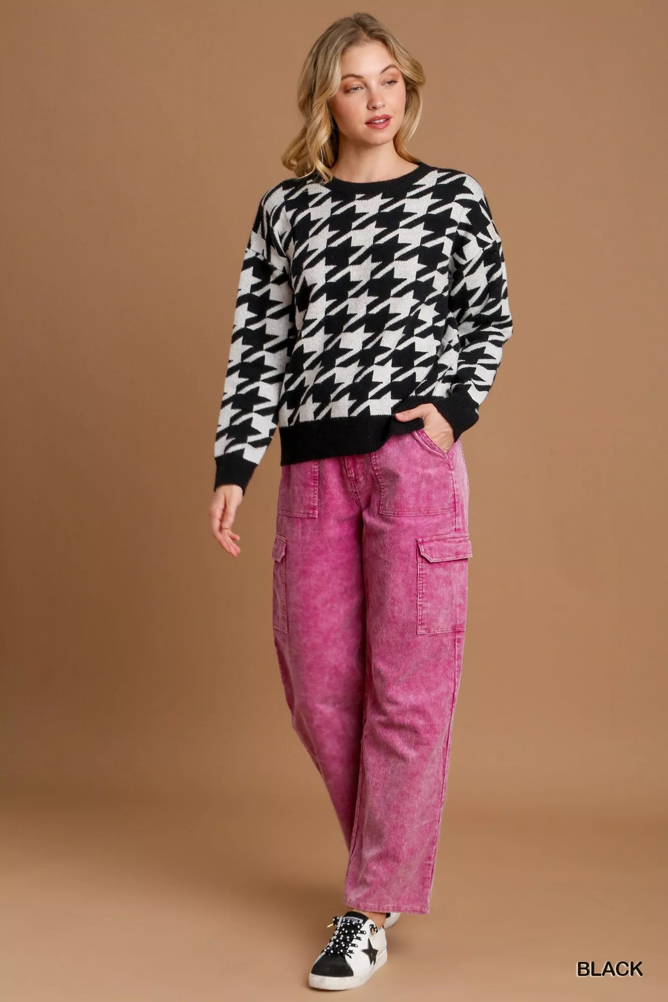 Umgee Houndstooth Round Neck Sweater