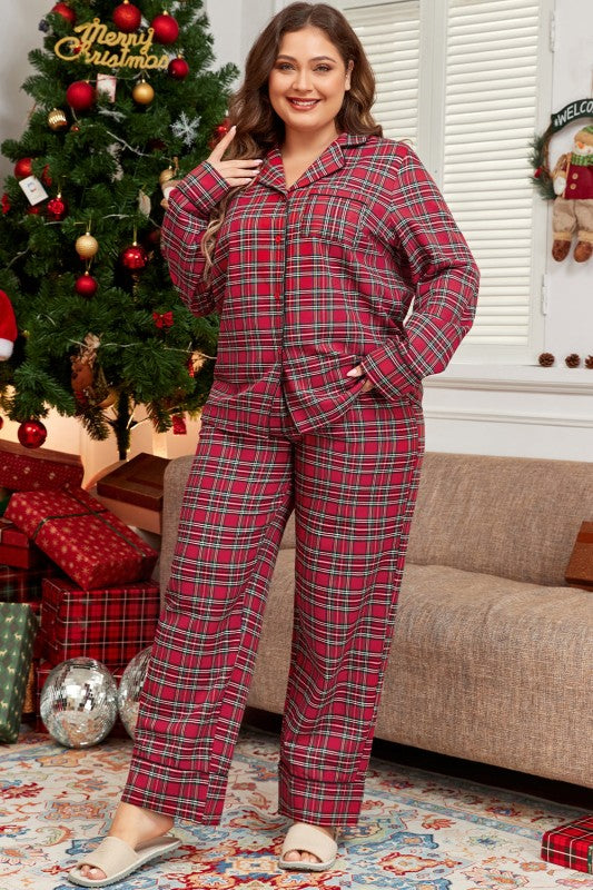 Plus Size Christmas Plaid Shirt and Pants Set