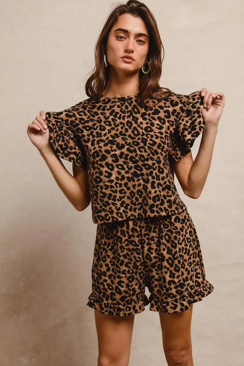 BiBi Leopard Print Waffle Texture Layered Ruffle Sleeve Top and Shorts Set
