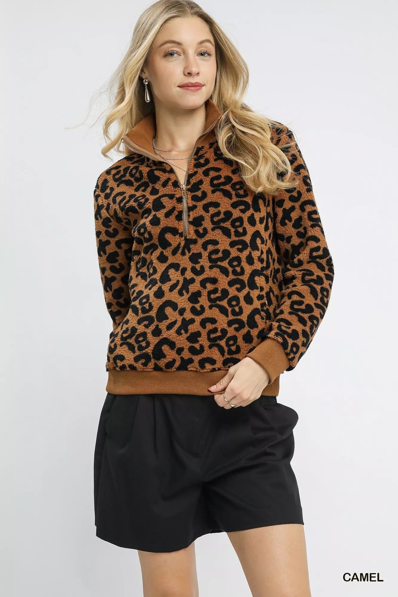 Umgee Leopard Print Quarter-Zip Sweatshirt