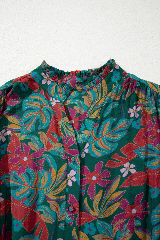 Floral Frilled V-Neck Puff Sleeve Ruffle Shirt Dress