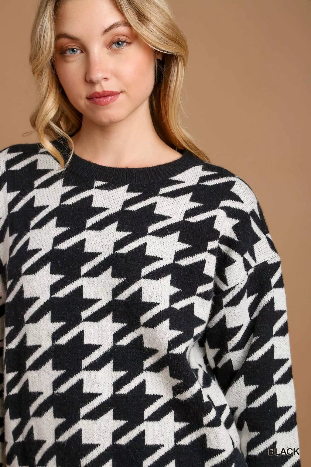 Umgee Houndstooth Round Neck Sweater
