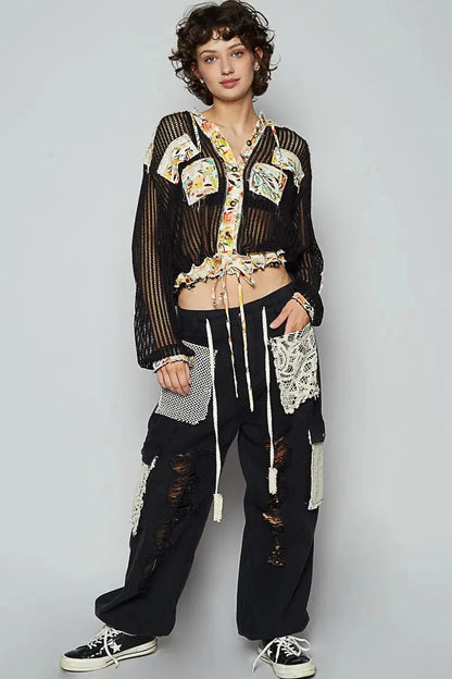 POL Vintage Washed Crochet Hoodie Jacket With Patchwork