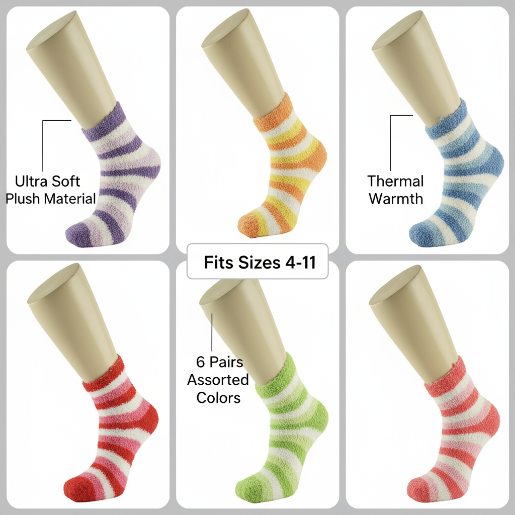 Women's Fuzzy Thermal Socks - 6 Pack Assorted Striped Colors