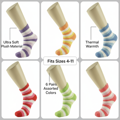 Women's Fuzzy Thermal Socks - 6 Pack Assorted Striped Colors