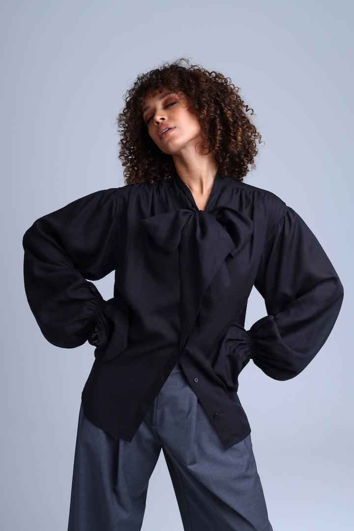 Protagonista Tencel Pussy-Bow Black Blouse With Voluminous Airy Sleeves