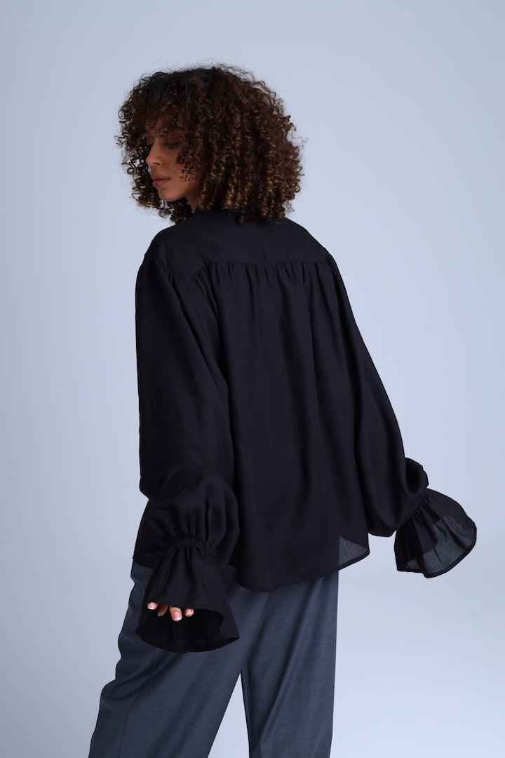 Protagonista Tencel Pussy-Bow Black Blouse With Voluminous Airy Sleeves