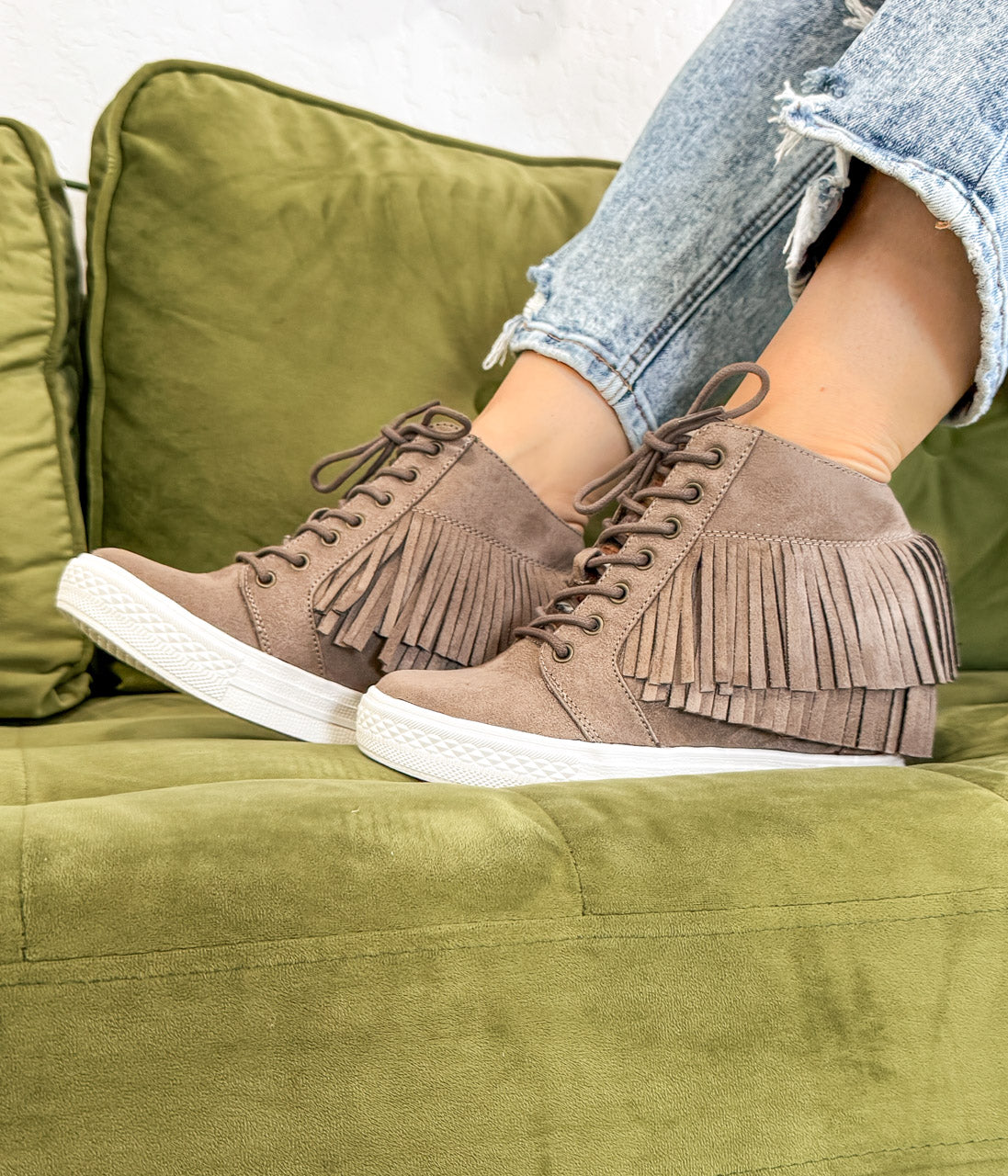 Nick Fringe Sneaker Wedge in Taupe