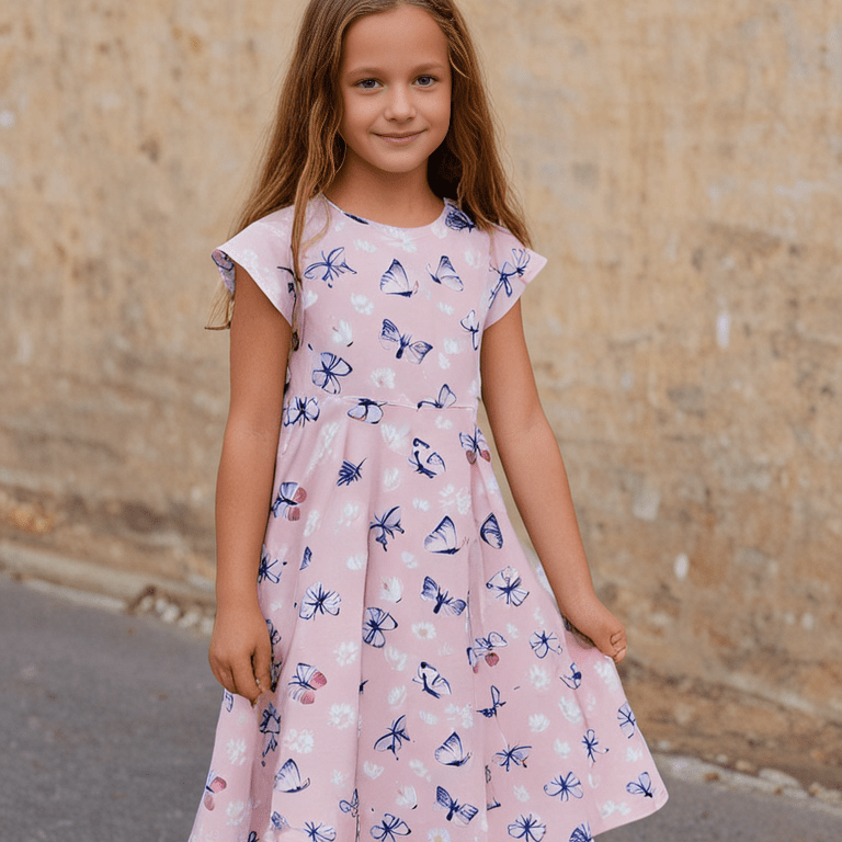 Vestido de niña con mangas cortas de bambú, margaritas y mariposas rosas