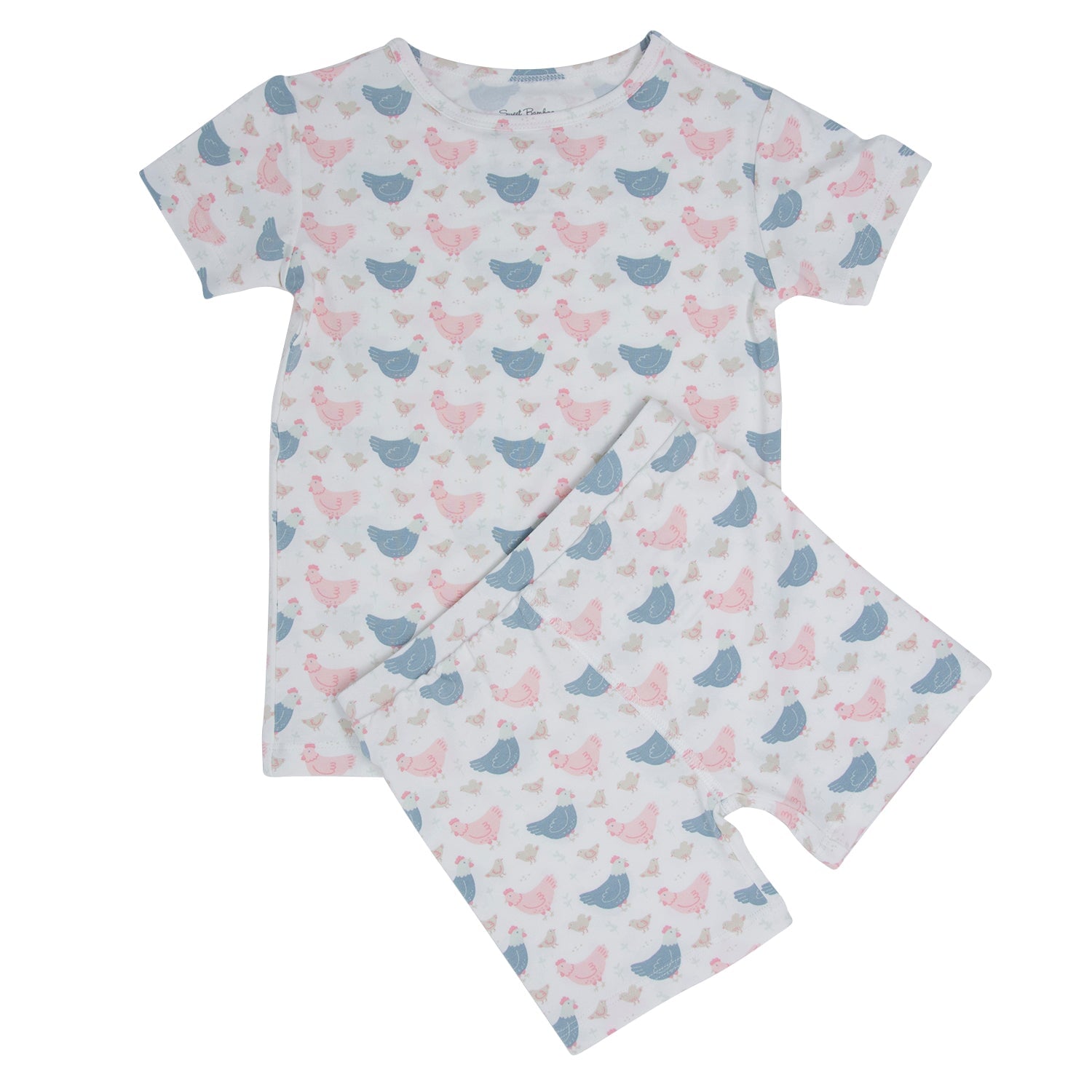 Conjunto de pijama de verano de bambú con diseño de gallinas de granja rosa