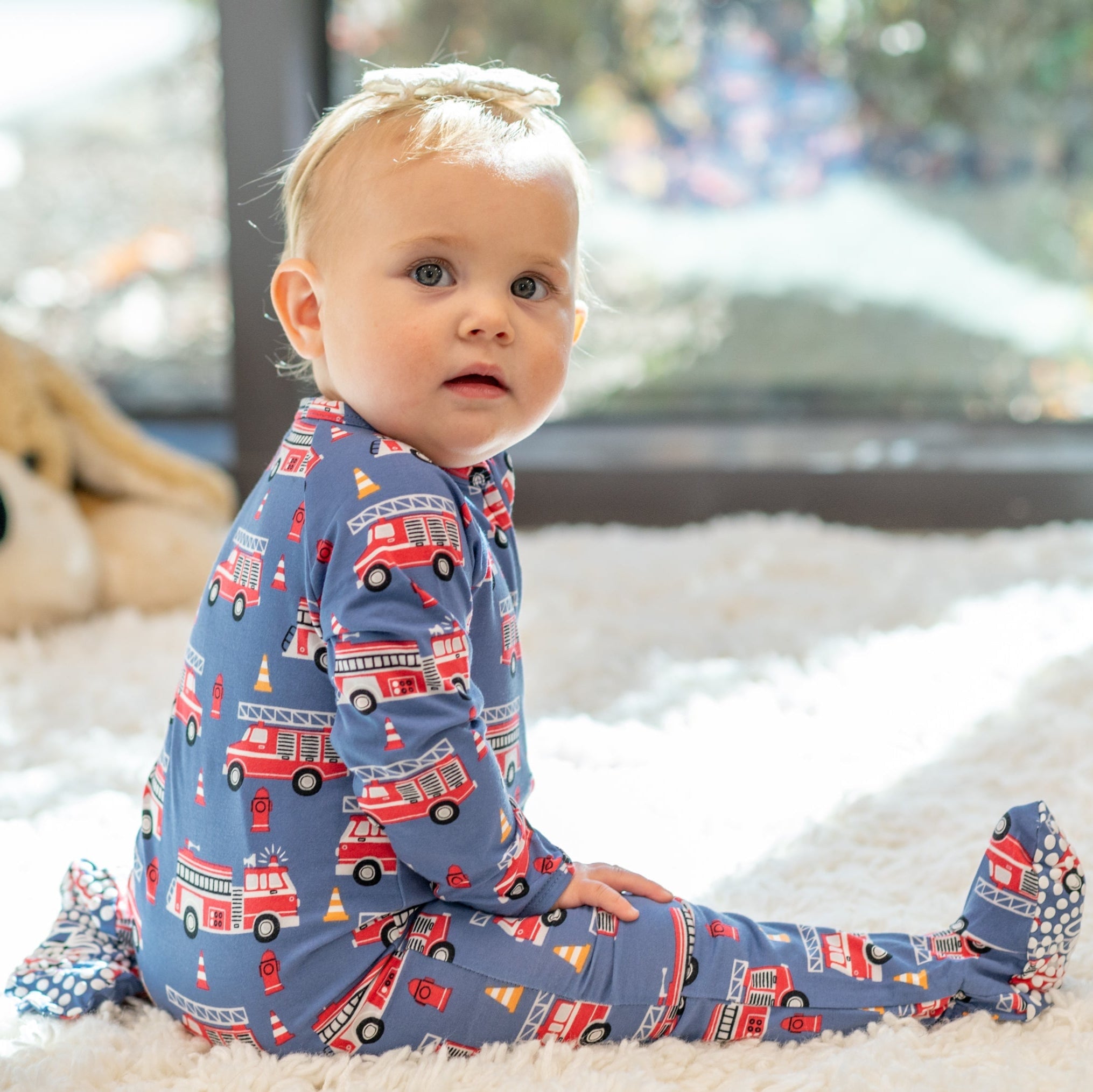 Blue Fire Truck Zipper Footie